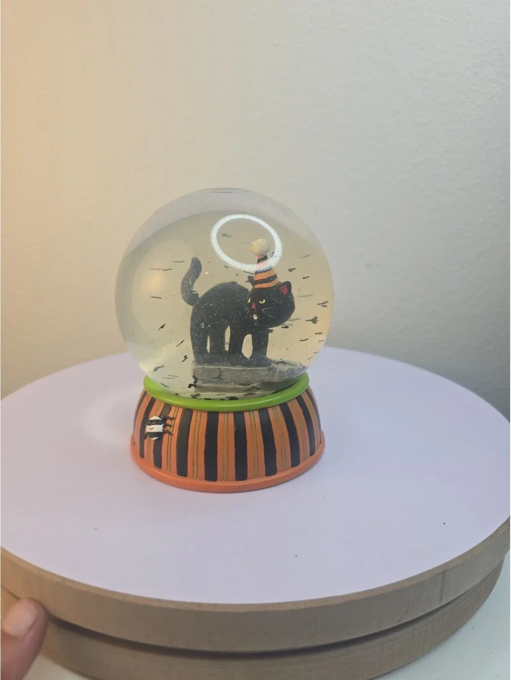 Vintage Halloween Black Cat Snow Globe Water Globe Party Hat Striped Spider Base